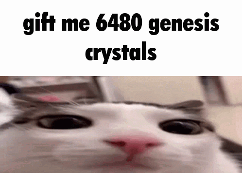 A Close Up Of A Cat 'S Face With The Words `` Gift Me 6480 Genesis Crystals '' On It . GIF