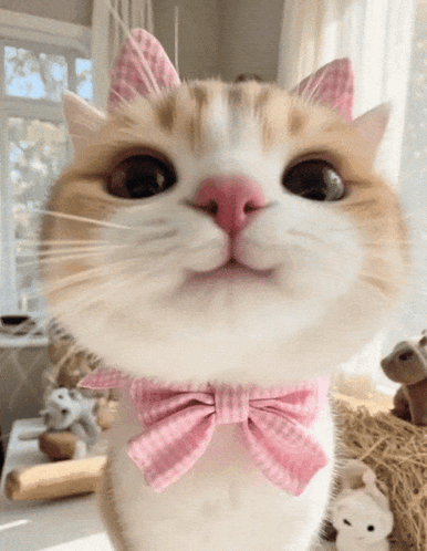 A Close Up Of A Cat Wearing A Pink Bow Tie And Ears GIF