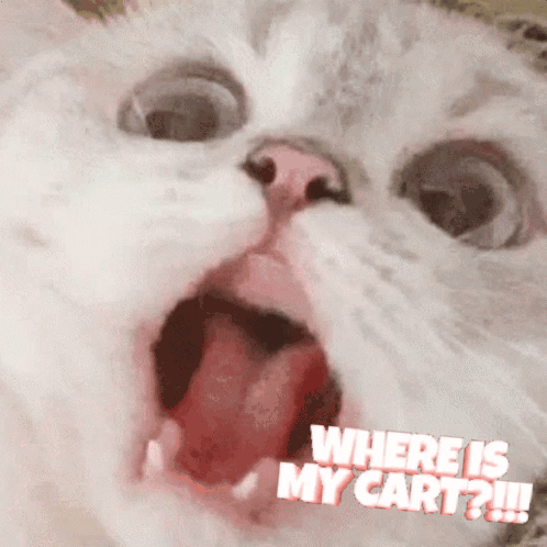 A Close Up Of A Cat With Its Mouth Open And The Words " Where Is My Cart " On The Bottom GIF
