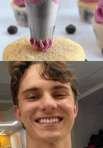 A Close Up Of A Cupcake With Purple Frosting Next To A Man 'S Face GIF