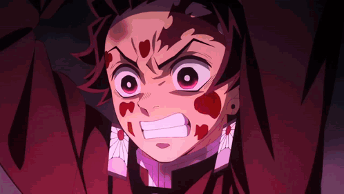 A Close Up Of A Demon Slayer Character With Blood On His Face GIF