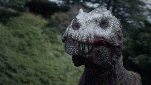 A Close Up Of A Dinosaur 'S Face With A Blurred Background GIF