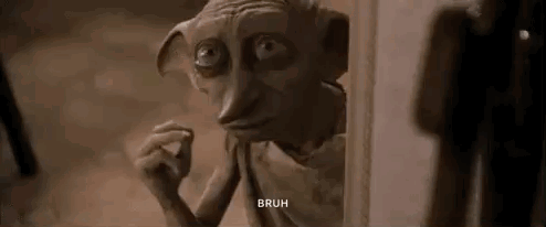 A Close Up Of A Dobby From Harry Potter Looking Out Of A Window And Saying Bruh . GIF