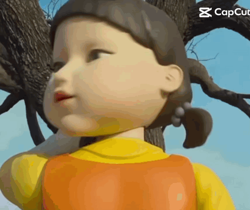 A Close Up Of A Doll 'S Face With A Tree In The Background . GIF
