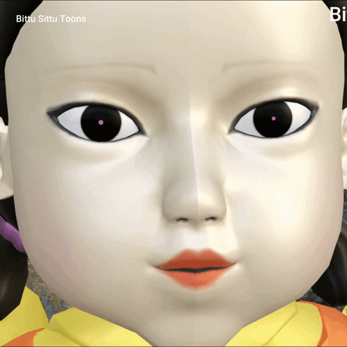 A Close Up Of A Doll 'S Face With The Word Bi On The Bottom GIF