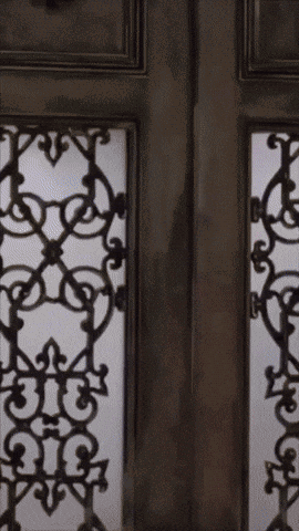 A Close Up Of A Door With A Fancy Wrought Iron Design GIF