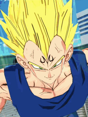 A Close Up Of A Dragon Ball Z Character With A Blue Shirt GIF