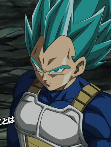 A Close Up Of A Dragon Ball Z Character With Blue Hair And A White Chest Protector GIF