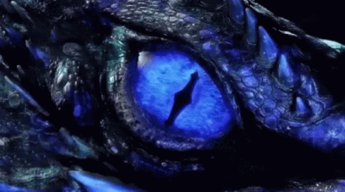 A Close Up Of A Dragon 'S Eye With Blue Light Coming Out Of It GIF
