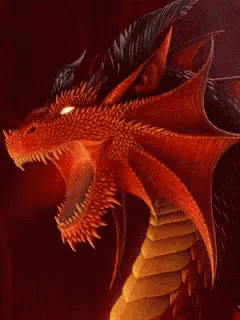 A Close Up Of A Dragon With Glowing Eyes On A Red Background GIF