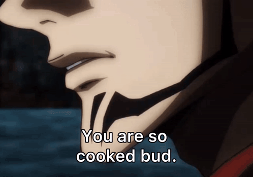 A Close Up Of A Face With The Words You Are So Cooked Bud GIF