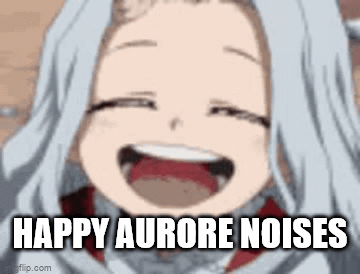 A Close Up Of A Girl Laughing With The Words `` Happy Aurore Noises '' Written On It . GIF