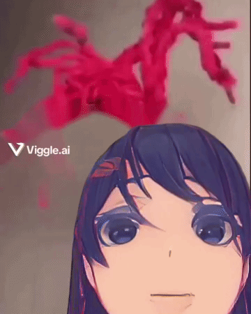A Close Up Of A Girl 'S Face With A Red Object On Her Head And The Words Viggle.ai Below It GIF