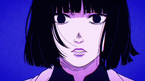 A Close Up Of A Girl 'S Face With Black Hair GIF