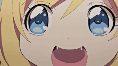 A Close Up Of A Girl 'S Face With Blue Eyes And Teeth GIF