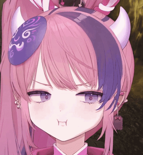 A Close Up Of A Girl 'S Face With Horns And Purple Hair GIF