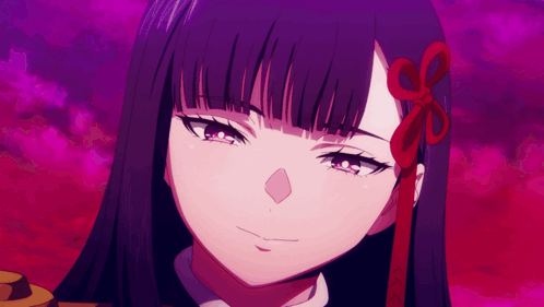 A Close Up Of A Girl 'S Face With Purple Hair And A Red Bow In Her Hair GIF