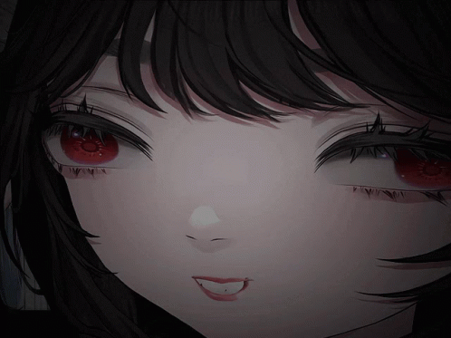 A Close Up Of A Girl 'S Face With Red Eyes And Black Hair GIF