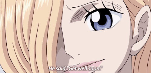 A Close Up Of A Girl 'S Face With The Words " He Said " Get Well Soon " GIF