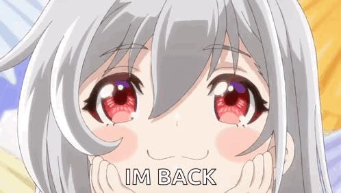 A Close Up Of A Girl 'S Face With The Words `` I 'M Back '' Written On The Bottom . GIF