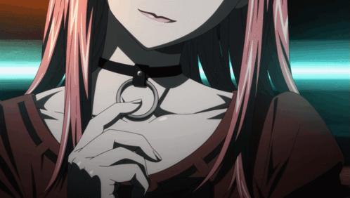 A Close Up Of A Girl Wearing A Choker With A Ring Around Her Neck GIF