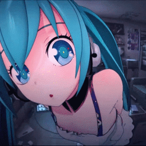 A Close Up Of A Girl With Blue Hair And Headphones GIF