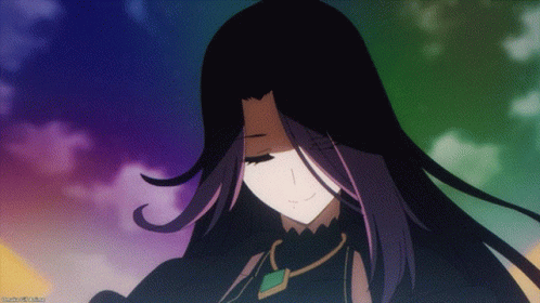 A Close Up Of A Girl With Long Purple Hair And A Necklace GIF