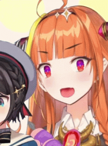 A Close Up Of A Girl With Orange Hair And Purple Eyes Standing Next To Another Girl . GIF