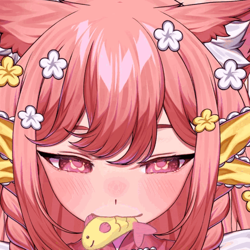A Close Up Of A Girl With Pink Hair And Yellow Flowers In Her Hair GIF