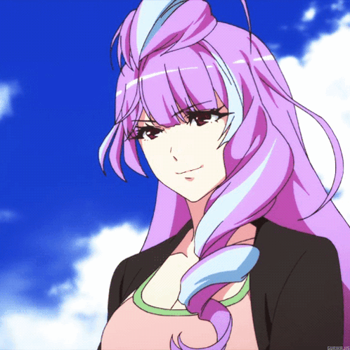 A Close Up Of A Girl With Purple And Blue Hair And A Blue Sky In The Background GIF