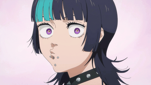 A Close Up Of A Girl With Purple Eyes And A Choker Around Her Neck GIF