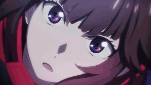 A Close Up Of A Girl With Purple Eyes And A Red Scarf GIF