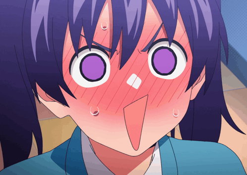 A Close Up Of A Girl With Purple Eyes And A Surprised Look On Her Face GIF
