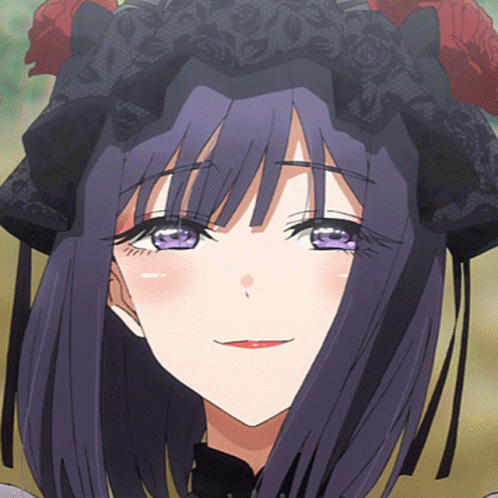 A Close Up Of A Girl With Purple Hair And A Black Hat GIF