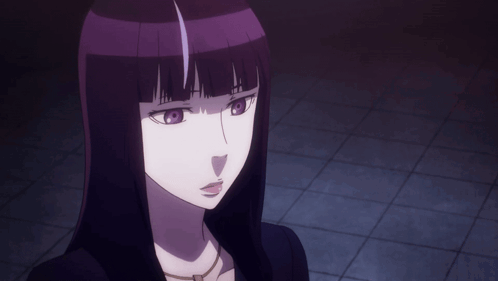 A Close Up Of A Girl With Purple Hair And Pink Eyes GIF