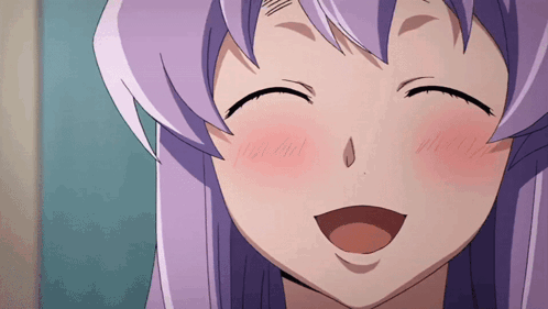 A Close Up Of A Girl With Purple Hair Smiling With Her Eyes Closed GIF
