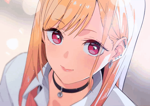 A Close Up Of A Girl With Red Eyes And A Choker GIF