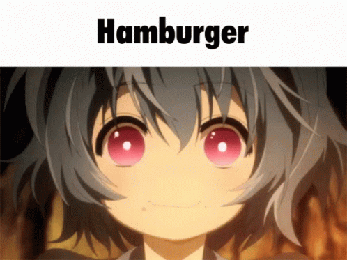 A Close Up Of A Girl With Red Eyes And The Word Hamburger Above Her GIF