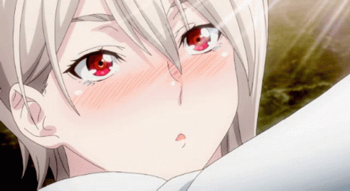 A Close Up Of A Girl With Red Eyes And White Hair GIF