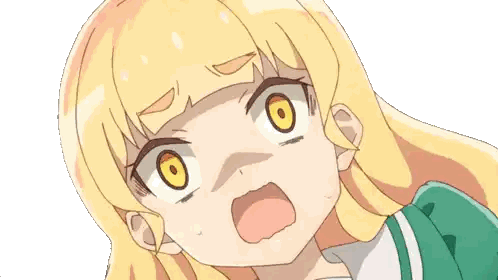 a close up of a girl with yellow hair and orange eyes