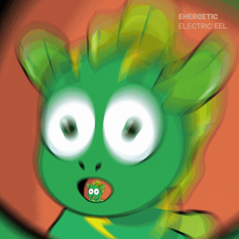 A Close Up Of A Green Cartoon Character With The Words Energetic Electric Eel On The Bottom GIF