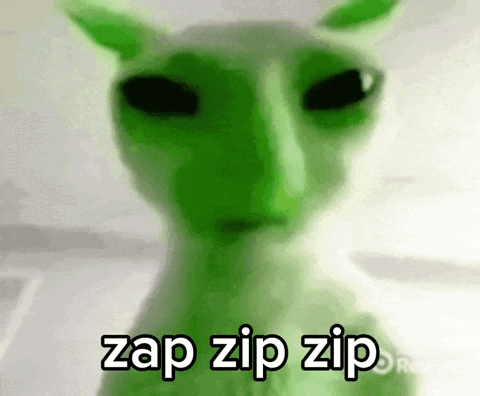 A Close Up Of A Green Cat With The Words Zap Zip Zip On It . GIF