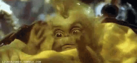 A Close Up Of A Gremlins Doll Laying In A Blanket . GIF