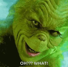 A Close Up Of A Grinch 'S Face With The Words `` Oh ? What ? '' Written On It . GIF