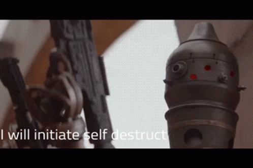 A Close Up Of A Gun With The Words " I Will Initiate Self Destruct " Written Below It GIF