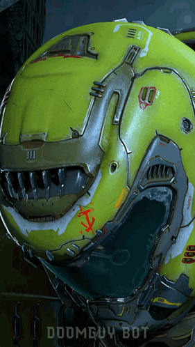 A Close Up Of A Helmet With The Words Doomguy Bot Written Below It GIF