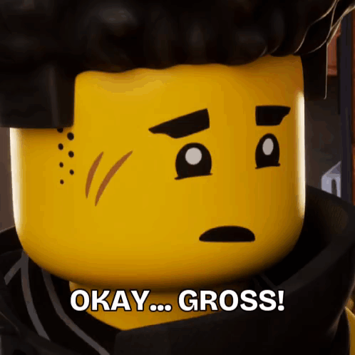 A Close Up Of A Lego Character With The Words Okay Gross On The Bottom GIF