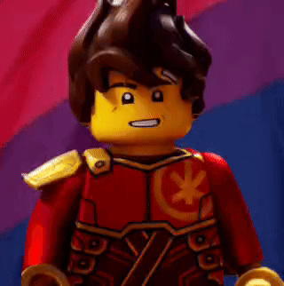 A Close Up Of A Lego Figure In Front Of A Bisexual Flag GIF