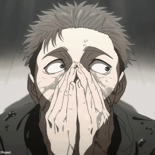 A Close Up Of A Man Covering His Face With His Hands With A Project Logo In The Background GIF