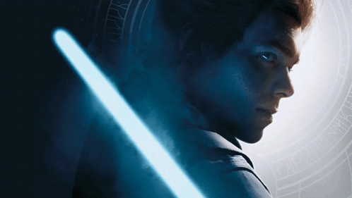 A Close Up Of A Man Holding A Light Saber With A Circle In The Background GIF